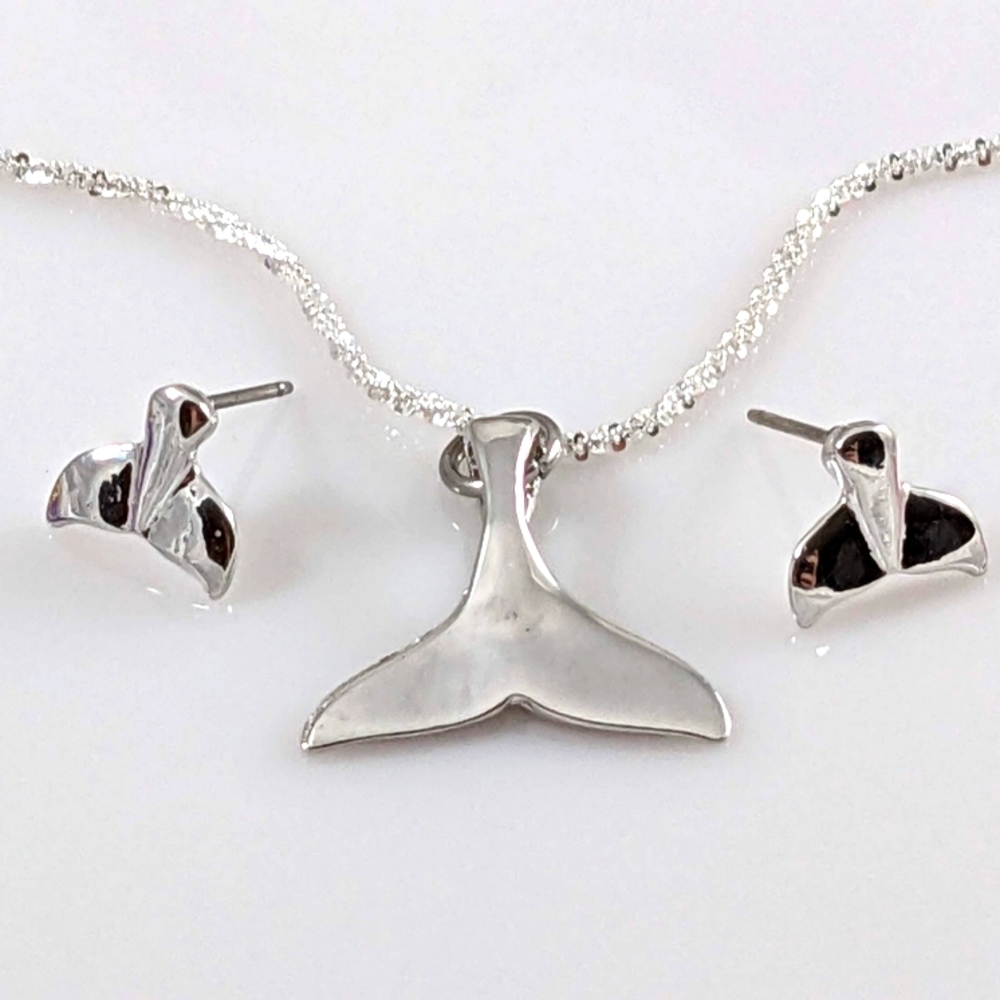 Made in New England, USA. Whale's Tail Pendant with Matching Studs